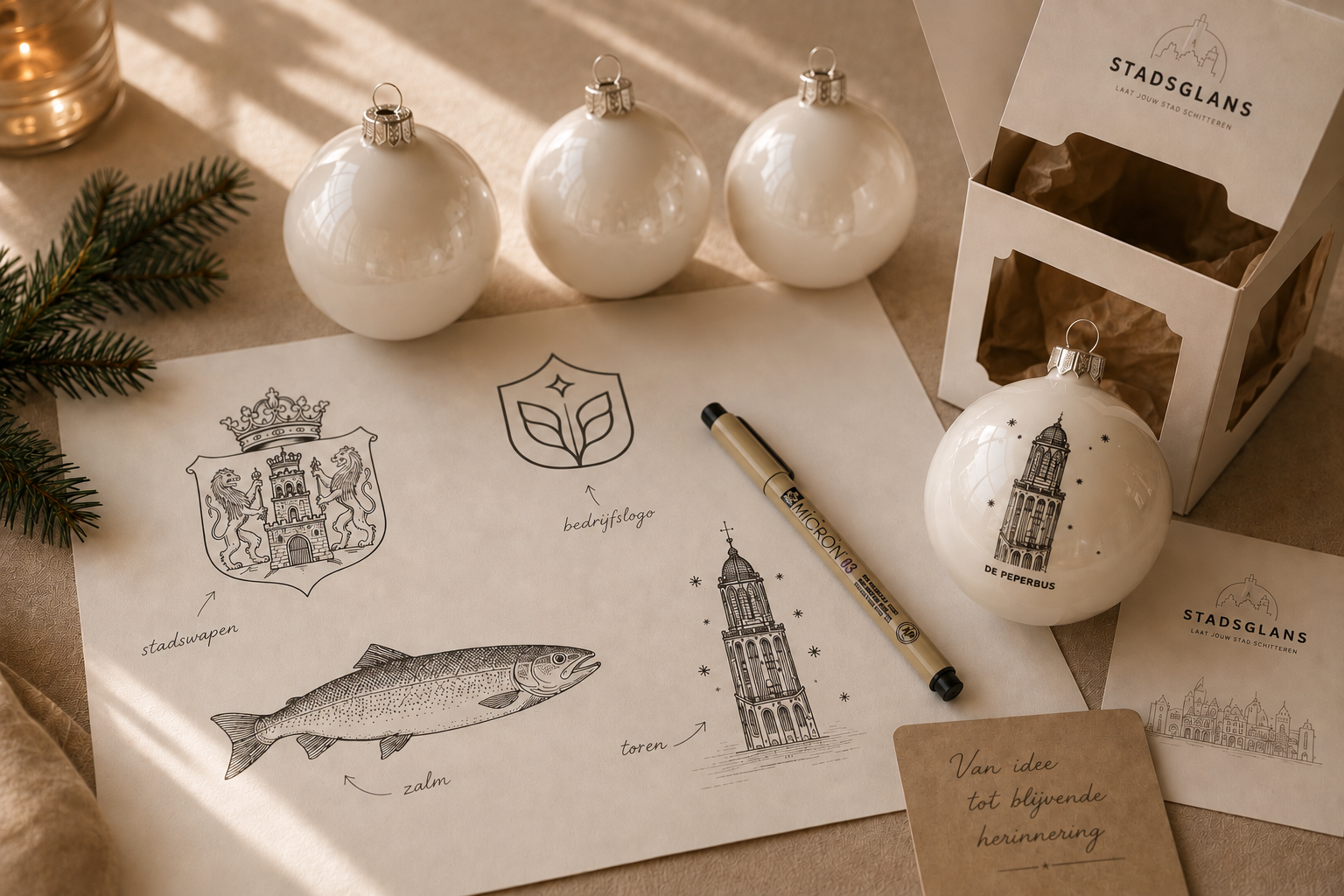 Kerstballen op maat met schets, bedrijfslogo en cadeauverpakking