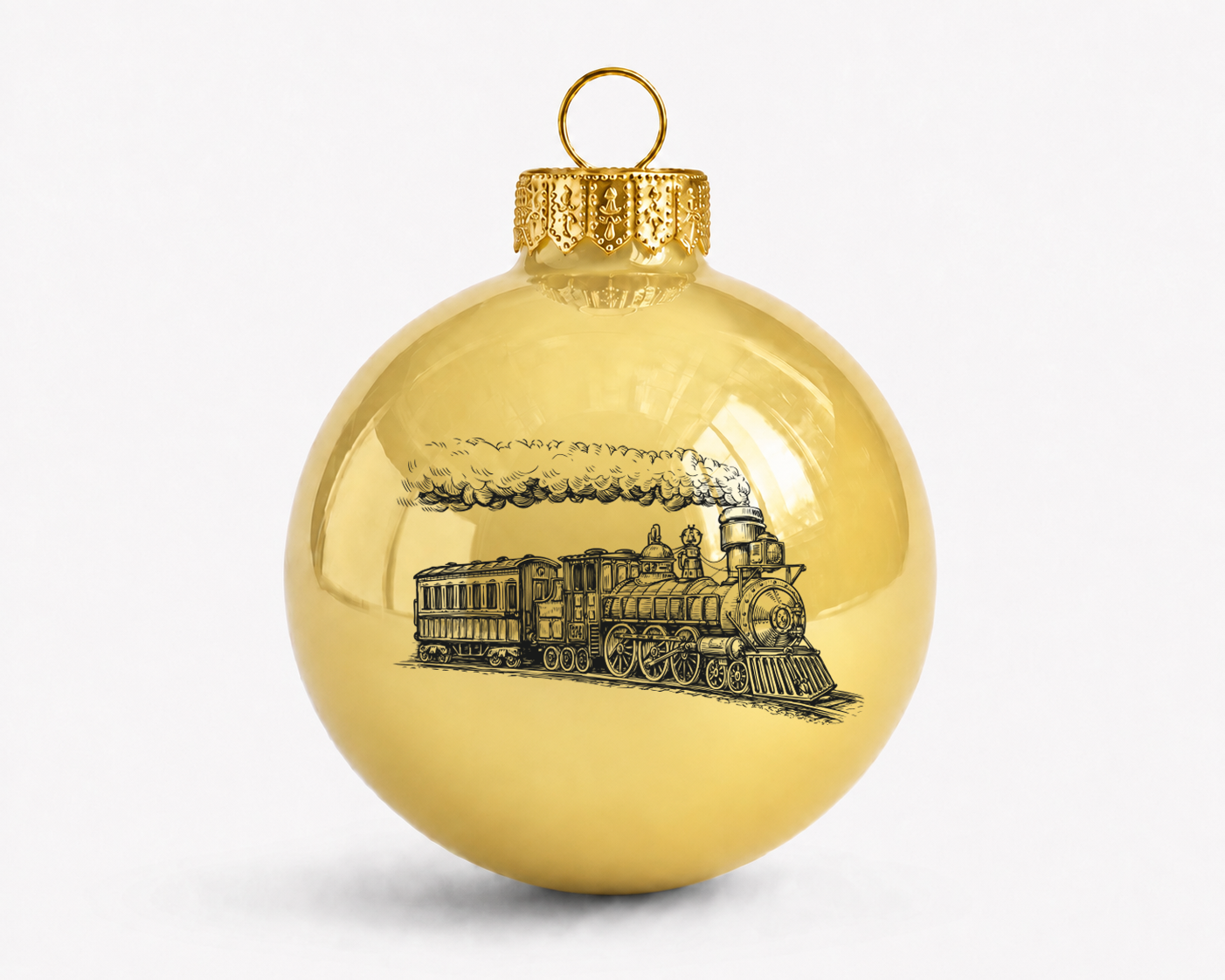 Gouden glazen kerstbal met een illustratie van een klassieke trein